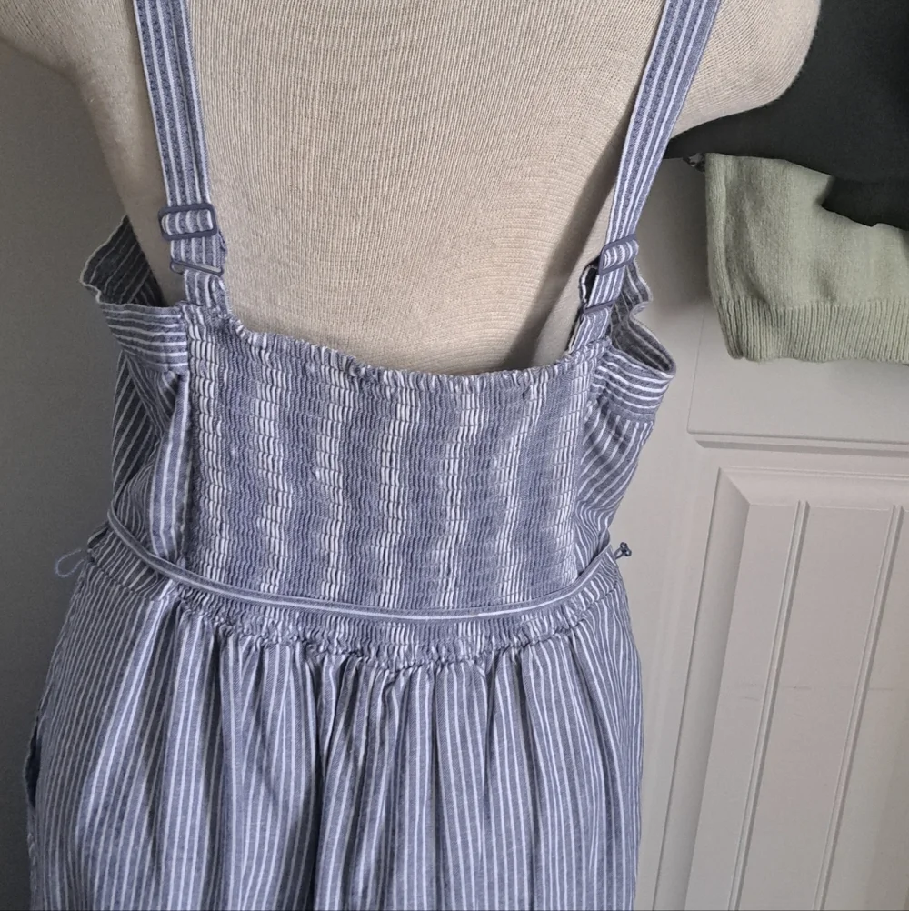 LINEN BLEND wide leg ankle jumper romper one piece stripe smocked coastal Sz L - Picture 3 of 7